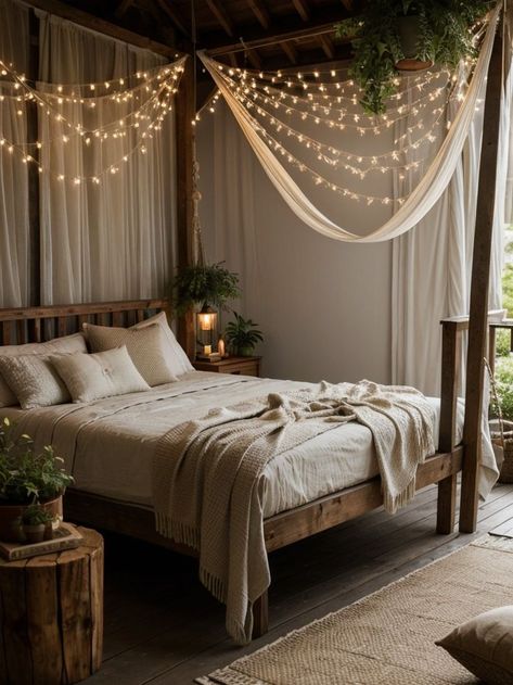 Create a charming outdoor-themed bedroom by incorporating natural elements like wooden furniture and leafy plant accents. Add a string of fairy lights and hang a hammock for a cozy and relaxing ambiance. 4 Poster Bed Fairy Lights, Bedroom Light Blue Walls, Bed Fairy Lights, Bedroom With White Bedding, Bedroom Light Blue, Outdoor Themed Bedroom, Hang A Hammock, Dark Wood Bedroom, 4 Poster Beds