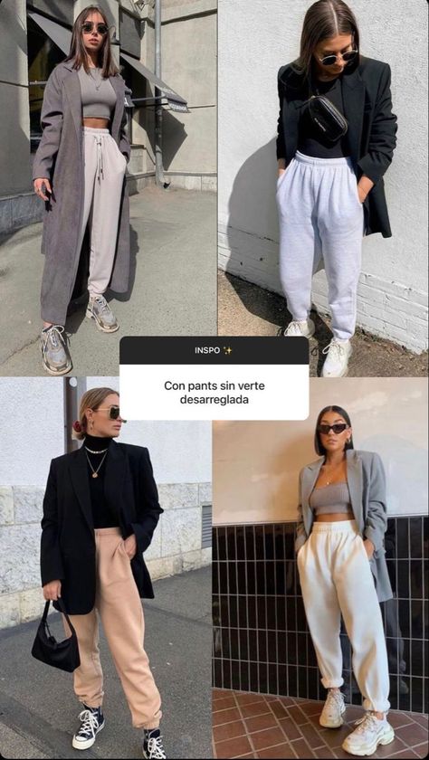 Sweatpants Chic Outfits, Urban Formal Outfits, Charcoal Joggers Outfit Women, College Outfit Ideas Uk, Blazer And Joggers Outfit Women, Blazer With Sweatpants, Blazer And Joggers Outfit, Winter Sweats Outfit, Sweatpants Fall Outfit