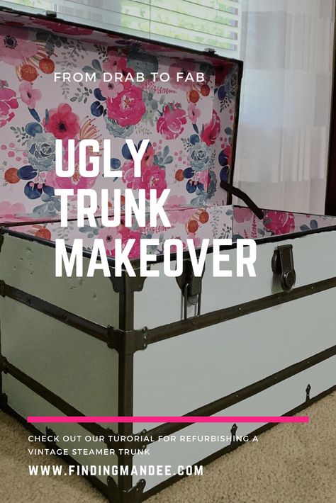 From Drab to Fab: The Vintage Trunk Makeover - Finding Mandee How To Redo Old Trunks, Repurposed Trunk Ideas Diy, Upcycled Trunk Ideas, Lining An Old Trunk, How To Line A Trunk With Fabric, Refinish Old Trunk, Vintage Train Case Makeover, Diy Old Trunk Makeover, Painted Trunks Ideas