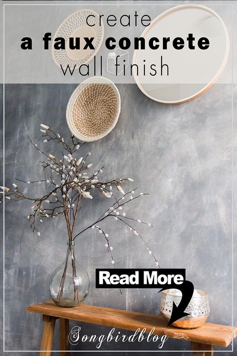 Create this concrete looking wall finish yourself in five easy steps. Just click on over to see the tutorial Faux Cement Paint Technique, Diy Faux Cement Wall, Burned Cement Wall Diy, Cement Look Paint, Diy Concrete Paint, Painting With Cement, Concrete Wall Paint Ideas, Faux Plaster Walls Diy, Cement Wall Paint