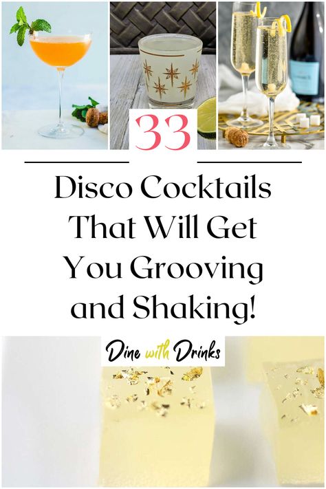 Collage of 4 disco cocktails. Disco Themed Party Drinks, Groovy Party Drinks, Abba Themed Cocktails, Disco Brunch Party, Groovy Drink Ideas, 70s Themed Drinks, Disco Party Cocktails, Disco Party Drink Ideas, Disco Themed Cocktails