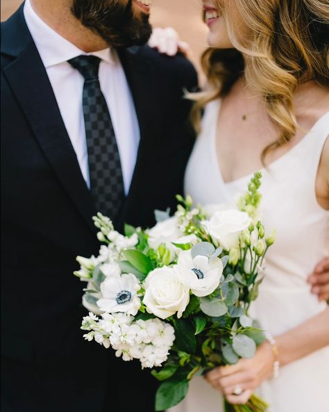 Bridal bouquet for Breanne featuring white anemones, lisianthus, stock flowers, eucalyptus and more. Thank you so much for choosing us and trusting us with the florals for your special day 🌿 Wedding Bouquet With Anemones, Anemone Flower Bouquet, Stock Flowers, Anemone Wedding, White Anemones, Anemone Bouquet, Flowers Eucalyptus, White Anemone, Stock Flower