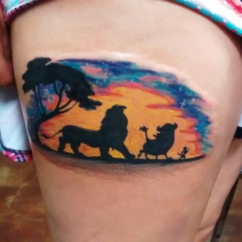 Lion King piece done by @heiferwifcheese #inkeddisney Lion King Tree, Lion King Tattoo, King Tattoo, Disney Sleeve, Sunset Tattoos, Daily Video, Leg Sleeves, Disney Tattoos, Tree Tattoo