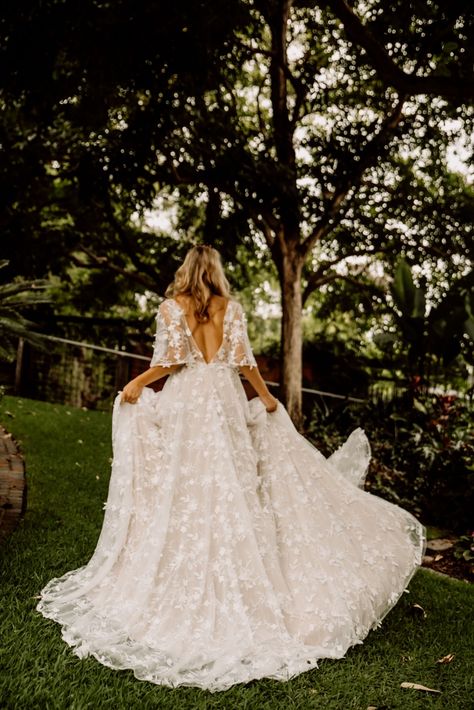 Flutter Cap Sleeve Wedding Dress, Overlay Lace Wedding Dress, Lace Wedding Dress With Sleeves Boho, Boho Aline Wedding Dress With Sleeves, Flowy Floral Wedding Dress With Sleeves, Boho Sleeves Wedding Dress, Summer Sleeve Wedding Dress, Long Flared Sleeve Wedding Dress, Bohemian Romantic Wedding Dress