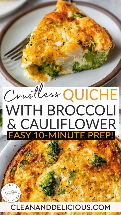 Crustless Quiche with broccoli and cauliflower is an easy, healthy recipe that is loaded with steamed veggies and high in protein, thanks to a combination of eggs, egg whites, and Greek yogurt. It bakes in the oven for 45 minutes and can be served hot, cold, or at room temperature. Add this recipe to your weekend meal prep and have a healthy breakfast, lunch, or dinner ready to go for a busy week. | @danispies Cauliflower Quiche, Quiche With Broccoli, Broccoli Cauliflower Bake, Broccoli Cauliflower Recipes, Crustless Broccoli Quiche, Egg Recipes For Lunch, Broccoli Quiche Recipes, Quiche Recipes Healthy, Quiche Recipes Crustless