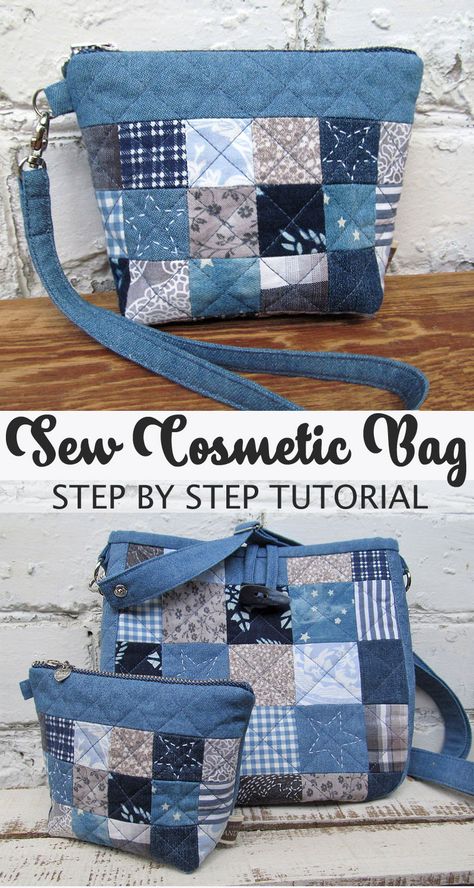 Denim Cosmetic Bag Tutorial Bag Free Sewing Pattern, Cosmetic Bag Tutorial, Denim Bag Patterns, Denim Bag Diy, Fabric Christmas Ornaments Diy, Fabric Sewing Patterns, Bag Pattern Free, Christmas Ornaments Diy, Free Sewing Pattern