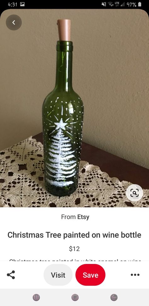 Painted Christmas Wine Bottles, Holiday Painted Wine Bottles, Christmas Tree Wine Bottle Painted, Winter Wine Bottle Painting, Green Wine Bottle Art, Green Glass Bottle Painting, Bottle Art Projects, Dyi Painting, Reuse Wine Bottles