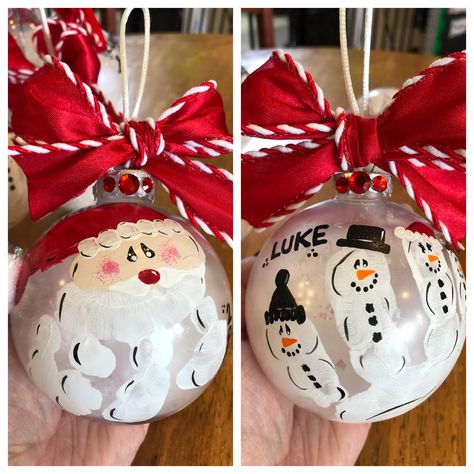 Hand Print Snowman Ornaments, Diy Ornaments Kids Handprint, Diy Christmas Ornaments For Kids Bulbs, Handprint Ornaments Ball, Decorate Ornaments With Kids, Christmas Bulb Ornaments Diy Kids, Sibling Ornaments Diy, Handprint Snowman Ornament, Toddler Homemade Ornaments