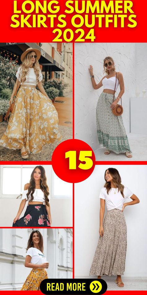 Long summer skirts outfits are your go-to for achieving a sophisticated yet casual summer style. Featuring a range of designs from black pleated to jean skirts, our collection ensures a versatile and fashionable choice for any occasion. Ideal for pairing with casual crop tops or a chic blouse, these skirts offer a modest option for hijab wearers as well. With their aesthetic appeal and flowy design, these skirts are an essential addition to your summer wardrobe. Summer Skirts Outfits, Pleated Skirt Outfit Summer, Long Summer Skirts, Long Denim Skirt Outfits, Skirt Outfits For Women, Floral Skirt Outfits, Denim Skirt Trend, Fashion Dresses For Women, Skirt Outfit Summer