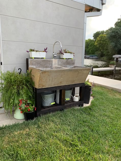 My perfect outdoor sink. An antique sink, cedar base with a shou sugi ban finish.  Completed with #succulentsUPcyled Outdoor Trough Sink, Outdoor Dish Washing Station, Laundry Tub Ideas, Outside Tub, Concrete Wash Basin, Laundry Trough, Outdoor Wash Basin, Soapstone Sink, Outdoor Garden Sink