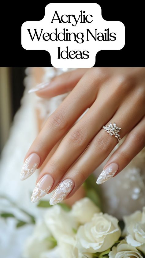 Elegant acrylic wedding nail ideas for brides and wedding guests. Shirt Wedding Nails, Floral Bride Nails, Wedding Nails Long Almond, Floral Wedding Nails For Bride, Bride Nails Almond, Nail Wedding For Bride, Coffin Wedding Nails For Bride, Short Bridal Nails Wedding, Wedding Fingernails