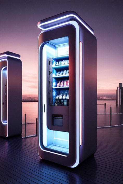 Modern Vending Machine, Futuristic Vending Machine, Futuristic Television, Vending Machine Aesthetic, Vending Machine Design, Interactive Kiosk, Snack Machine, Coffee Vending Machines, Landscape And Urbanism Architecture