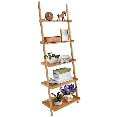 ad eBay - The ladder shelf leans against the wall for maximum stability. 5-Tier Ladder Shelf. 1 x Ladder Shelf. Material: Bamboo. The top ends of the shelves with anti-tipping device will grab the wall tightly and prevent the shelves from falling down during use. Bamboo Bookshelf, Leaning Ladder Shelf, Ladder Storage, Ladder Rack, Support Plante, Modern Bookcase, Wall Bookshelves, Ladder Shelf, Storage Display