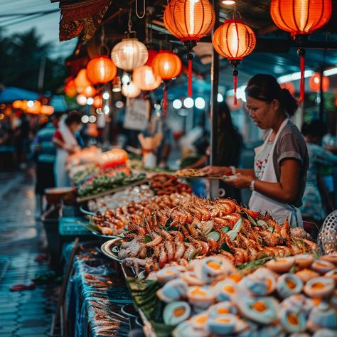 "Night Market Feast: A #bustling night market scene with #colorful #lanterns, diverse food stalls, and a #vendor preparing meals. #streetfood #culture #travel #photography #digitalart #seafood #aiart #aiphoto #stockcake ⬇️ Download and 📝 Prompt 👉 https://stockcake.com/i/night-market-feast_430342_481665". Colorful Lanterns, Market Scene, Grilled Prawns, Seafood Market, Night Food, Food Stall, Market Stalls, Night Market, Stars At Night