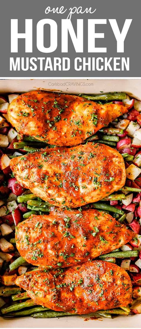 ONE PAN Honey Mustard Chicken (with green beans and potatoes!) Honey Mustard Chicken Thighs, Mustard Chicken Recipes, Potatoes And Green Beans, Chicken Green Beans, Chicken Baked, Super Easy Dinner, Carlsbad Cravings, Honey Mustard Chicken, Mustard Chicken