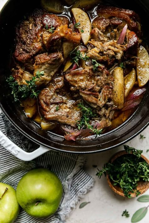 Apple Cider Braised Pork Shoulder – Rich, flavorful pork studded with garlic & cooked low & slow with onions, apples, & a tangy apple cider braising liquid until succulent & completely fall-apart tender. Serve the cider braised pork shoulder on sandwiches, over egg noodles or pasta, or alongside the easiest roasted garlic whipped butternut squash for the ultimate fall comfort food meal! #pulledporkrecipes #pulledpork #ciderbraisedpork #porkrecipes #applesandpork #fallrecipesdinner #comfortfood Apple Cider Braised Pork Shoulder Crockpot, Apple Cider Pork Shoulder, Apple Cider Braised Pork Shoulder, Apple Cider Pork Roast Slow Cooker, Apple Cider Pork Roast, Pork Squash Recipe, Apple Cider Braised Pork, Yummy Crockpot Meals, Meal Prep List