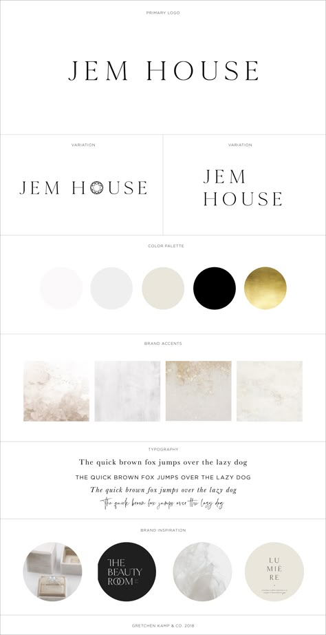 Brand Identity / Branding for Jem House, a private jeweler & diamond dealer designed by Branding Specialist Gretchen Kamp in San Diego, California. Feminine, minimalist, elegant, high end, luxury, gold, white, beautiful, pretty, sweet, bridal, diamond, gem, logo and color palette, typography, accents, watercolor, textures, fonts, cursive, script, modern, clean, wedding rings. To view more work by this designer visit www.gretchenkamp.com Beauty Branding Color Palette, Black White Gold Branding, Luxe Branding Design, Modern Luxury Color Palette, Luxury Color Palette Branding Gold, Gold White Color Palette, White And Gold Branding, Luxe Color Palette, Gold And White Color Palette