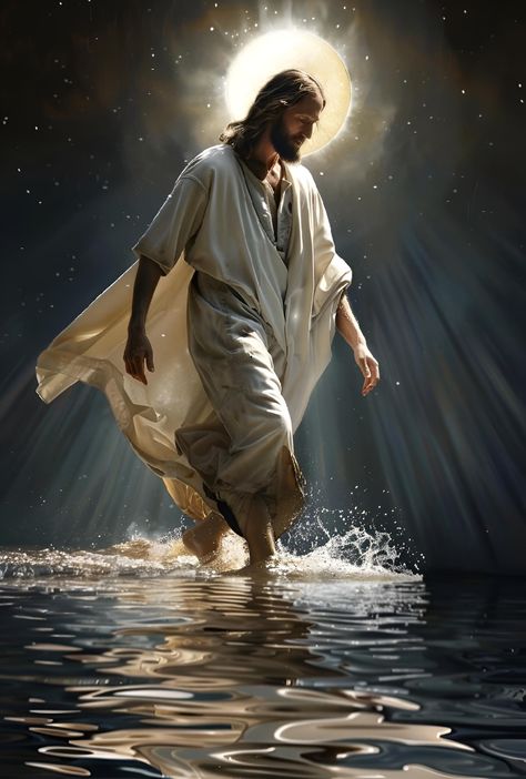 Biblical Scenes, Jesus Walking On Water, Prophetic Painting, Walk In Faith, Jesus Background, Jesus Walking, Christian Illustration, Walking On Water, Christian Board