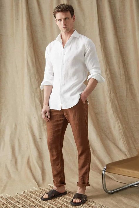 Black Leather Sandals Outfit, Brown Linen Pants Outfit, Linen Pants Outfit Men, Old Money Style Aesthetic, Leather Sandals Outfit, White Linen Outfit, India Fashion Men, Brown Pants Men, Brown Linen Pants