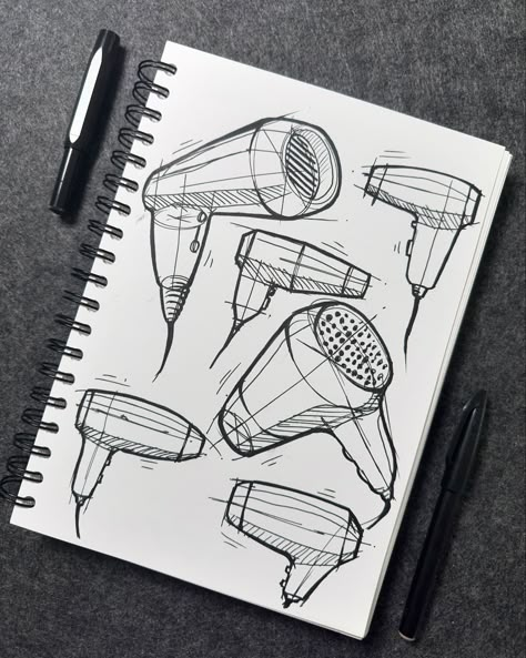 Industry Design Sketch, Hairdryer Sketch, Drawing Ideas Objects, Product Design Sketch Concept, Hair Dryer Sketch, Sketches Product, Sketch Portfolio, Product Design Sketching, Product Sketching