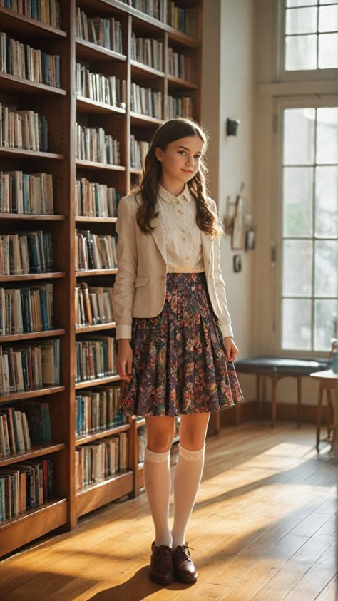 Achieve that classic preppy look for the new school year. A pleated skirt, button-up blouse, and blazer are perfect for a polished and put-together style.   #PreppyStyle #BackToSchool #SchoolOutfit #PleatedSkirt #fashion #ootd #backtoschooloutfits #school 1980s Preppy Style Women, Old English Outfit, Feminine Preppy Style, Nerdy Aesthetic Outfits, Cottage Core Mom, Preppy Outfits Women, Vintage Preppy Aesthetic, 90s Preppy Fashion, 80s Preppy Fashion