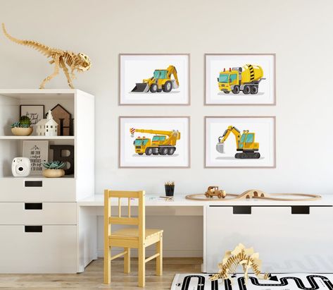 Art prints set of 4 construction wall art construction image 0 Big Boy Room Decor, Transportation Nursery, Construction Nursery, Art Construction, Toddler Boy Room Decor, Nursery Wall Art Boy, Toddler Room Decor, Boy Wall Art, Cement Mixer