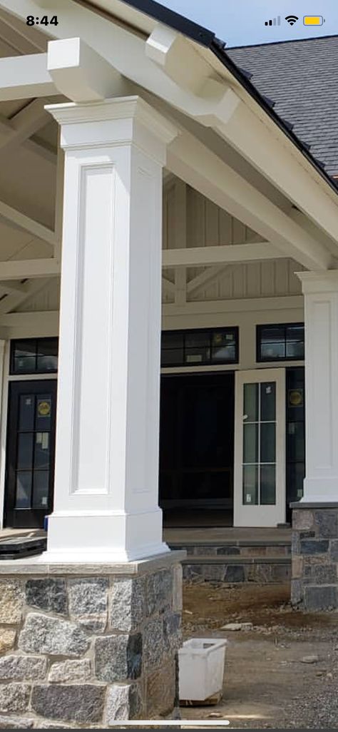 Azek columns Outside Pillars Columns, Outdoor Pillars Columns, Porch Columns Wraps, Column Design Exterior Architecture, Front Porch Pillars Columns, Columns On Front Porch, Front Pillar Design, Craftsman Porch Columns, Farmhouse Porch Columns