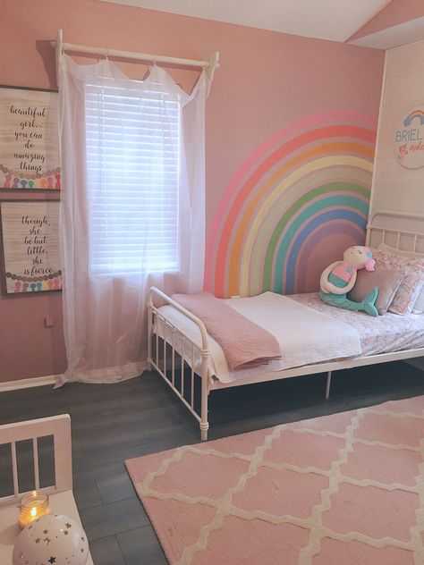 Pink And Rainbow Bedroom, Rainbow Bedroom Paint Ideas, Pink Room With Rainbow, Purple And Pink Toddler Room, Purple Rainbow Bedroom, Rainbow Theme Bedroom Kids Rooms, Pink Childrens Bedroom, Toddler Girl Room Paint Ideas, Pink And Purple Kids Bedroom