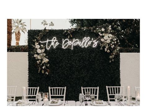 Neon Sign Backdrop, Wedding Sign Last Name, Capri Wedding, Whimsy Wedding, Boxwood Hedge Wall, Flower Hedge, Hedge Wall, Rustic Beach Wedding, Privacy Wall