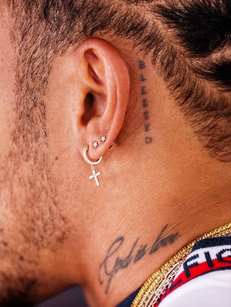 Under Ear Tattoo Men, Lewis Hamilton Tattoo, Guys Ear Piercings, Small Tats, Cross Tattoo For Men, Back Tattoos For Guys, Cross Tattoo, Great Tattoos, Back Tattoos