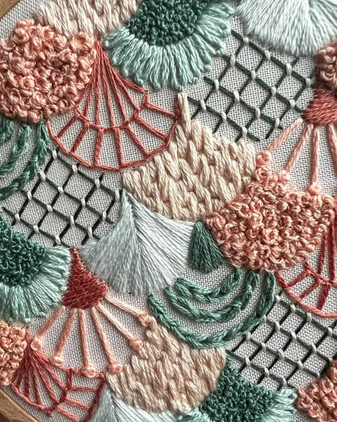 SOLD - Fine tuning this scallop pattern with a softer, beachy color palette #embroidery #embroi̇deryart #handembroidery #modernembroidery #abstractembriodery #patterndesign #fiberart #damngoodstitch #dmcembroidery #dmcthreads Abstract Embroidery Patterns, Cool Embroidery Designs, Beachy Color Palette, Textile Design Pattern, Scallop Embroidery, Beachy Colors, Scallop Pattern, Embroidered Hoop, Clothes Embroidery Diy