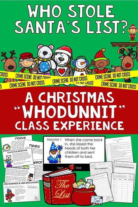 Your students will participate in a reader's theater and gather clues along the way! They'll have to use the clues and evidence to help them determine who the culprit is.  This is a super fun and engaging activity for you to use in your classroom. You and your students will love solving the mystery! Christmas Read Alouds With Activities, Theater Activities, Third Grade Christmas, Christmas Reading Activities, Christmas Read Aloud, Classroom Christmas Activities, Santa's List, Smart Cookies, Reader's Theater