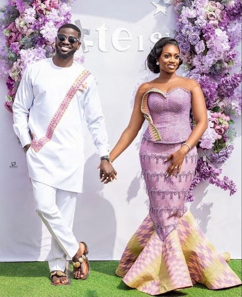 Purple Kente Styles For Engagement, Kente Dresses, Ghanaian Wedding, Engagement Dress For Bride, Africa Wedding, Traditional Engagement, African Traditional Wedding Dress, Bride And Groom Outfits, Kente Dress