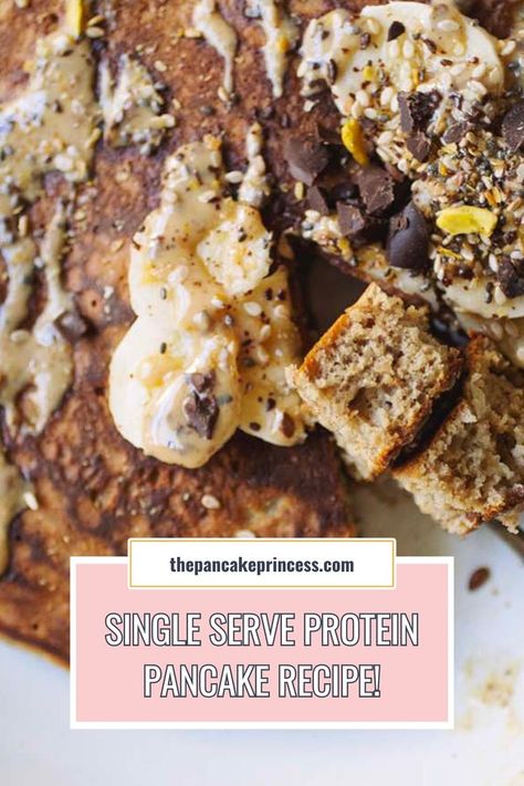 One giant, super fluffy gluten-free protein pancake is what we're making today! This single serve protein pancake is so delicious and the most delicious way to start the day. If you're gluten free, you'll love this from scratch pancake. Pancake For One, Gluten Free Protein Pancakes, Pancake Princess, Pancakes For One, Easy Homemade Pancakes, Homemade Pancake Recipe, Best Pancake Recipe, Pancake Recipe Buttermilk, Pancakes From Scratch