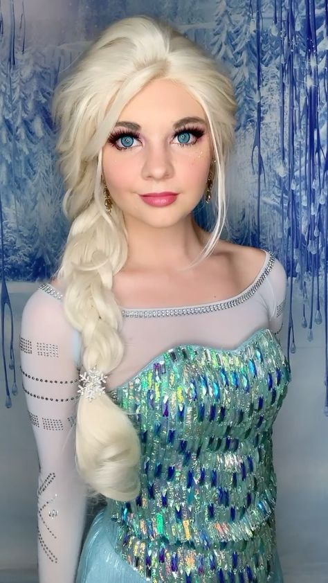 Elsa. Elsa Cosplay. Frozen . Frozen Cosplay. Elsa face character. Party princess. Character performer. Let it go. Angel Secret. Elsa makeup. Elsa braid. Elsa hair. Elsa dress. Olaf. Princess Keilee. Reels. TikTok. Elsa Frozen Wig, Scary Elsa Costume, Elsa Halloween Makeup, Elsa Costume Adult, Elsa Makeup Look, Elsa Frozen Hair, Elsa Costume Women, Frozen Dress Up, Elsa Halloween