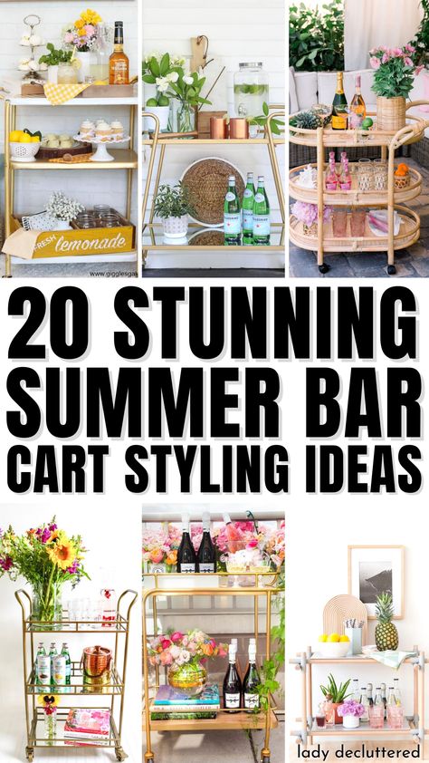 20 Stunning Summer Bar Cart Styling Ideas Bar Cart Dining Room Ideas, Beverage Cart Decor, Outdoor Bar Cart Styling, Rattan Bar Cart Styling, Summer Bar Cart, Summer Bar Cart Styling, Serving Cart Decor Ideas, Bar Carts Ideas, Decorating A Bar Cart