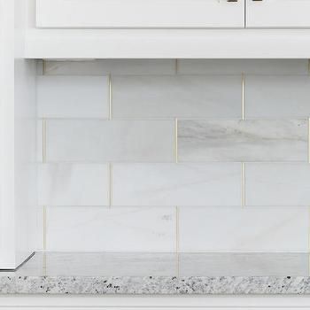 Honed White Tiles with Gold Trim Gold Grout, Backsplash Herringbone, Juniper Home, Unique Backsplash, Beadboard Backsplash, Herringbone Backsplash, Marble Kitchen, Marble Backsplash, Backsplash Designs