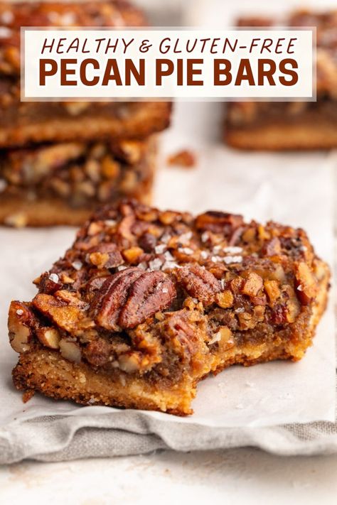 These gluten-free pecan pie bars are the perfect way to enjoy the classic flavors of pecan pie in an easy-to-make, healthier bar form for a healthy dessert or healthy snack when you're craving something sweet. Made with an almond flour shortbread crust, naturally sweetened filling, and crunchy pecans, this recipe is gluten-free, grain-free, dairy-free, and made with just 6 main ingredients! Try this gluten-free dessert for Thanksgiving, Christmas, or just as a fun sweet treat! Gluten Free Flour Dessert Recipes, Pecan Pie Paleo, Pecan Bars Gluten Free, Healthier Pecan Pie Recipe, Gluten Free Pie Filling Recipes, Gluten And Dairy Free Desert, Pecan Pie Bars Healthy, Gluten Free Pastries Recipes, Gluten Free Desserts Without Flour