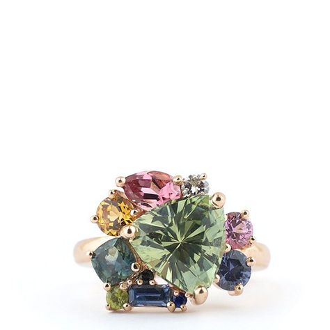 Multi Gemstone Engagement Rings, Colorful Stone Jewelry, Multiple Gemstone Engagement Rings, Multiple Stone Ring Designs, Green And Pink Engagement Ring, Colour Engagement Ring, Colourful Engagement Rings, Family Jewelry Ideas, Coloured Engagement Rings