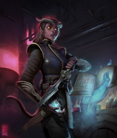 Arcane Trickster Rogue, Tiefling Librarian, Bard Character Art, Female Tiefling Sorcerer, Arcane Trickster Rogue Dnd, Tiefling Pirate, Tiefling Investigator, Sci Fi Tiefling, Tiefling Rogue