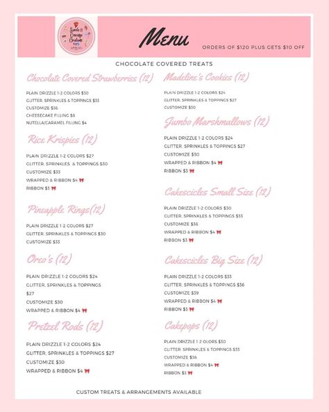 How To Start A Sweet Treat Business, Dessert Table Price List, Dipped Treats Price List, Sweet Treats Price List, Cakesicle Pricing, Bakery Price List Template, Treat Pricelist, Treats Price List, Bake Business