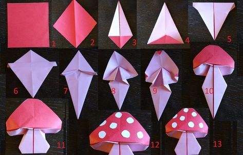 Mushroom Origami Tutorial, Cute Origami Step By Step, Cute Origami Ideas, Origami Mushroom, Cute Origami Easy, Origami Cute, Sticky Note Origami, Creative Origami, Cute Origami