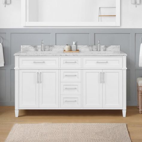 The Home Decorators Collection Caville double sink vanity in Pure White delivers traditional styling to any main bathroom or master ensuite. Smart storage includes 4 doors and 5 drawers - 2 tilt-down, 2 standard, and 1 double-deep. Modern amenities like styling tool storage, a pull-out caddy and shelving with integrated electrical outlets and USB ports offer the clutter-free organization and convenience you deserve. 2 undermount sinks and Carrara marble countertop provide a classy touch that's e 72 Inch Vanity, White Bath Vanity, White Double Vanity, Granite Vanity Tops, Cultured Marble Vanity Top, Carrara Marble Countertop, Undermount Sinks, Master Ensuite, Single Sink Vanity