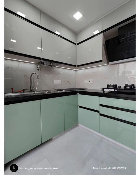 Kitchen Interior Glossy Finish, Green Interior Kitchen, Kitchen Cabinets Glossy Finish, Simple Cabinets Kitchen, Acrelick Kitchen Design, Modular Kitchen Design For Small Kitchen, Acrylic Finish Kitchen, Glossy Kitchen Cabinets Modern, Light Green Kitchen Ideas