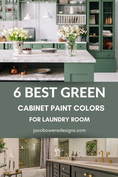 6 Best Green Cabinet Paint Colors for Laundry Room Olive Green Laundry Room Cabinets, Green Paint Cabinets, Laundry Room Cabinets Colors, Laundry Room With Green Cabinets, Laundry Room Ideas Paint, Green Cabinets In Laundry Room, Laundry Room Cabinet Color Ideas, Sage Green Cabinets Laundry Rooms, Green Laundry Cabinets