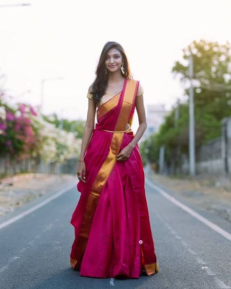 Saree Draped As Half Saree, Telgu Traditional Dress, Saree Lehenga Style Draping, Peanut Chaat, Fruity Cheesecake, South Indian Look, Sarees Ideas, Pink Half Sarees, Orang India