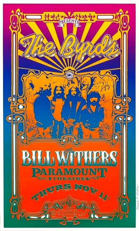 Byrds, Bill Withers at Paramount Theatre. Nudie Suit, Blues Music Poster, Gram Parsons, Rock Poster Art, Bill Withers, Paramount Theater, Vintage Concert Posters, Vintage Music Posters, Music Poster Design