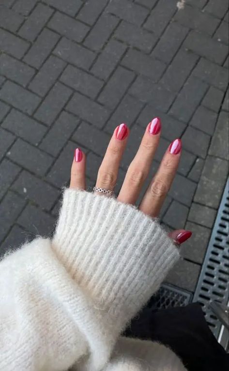 Ruby Red Chrome Nails, Red Pink Chrome Nails, Valentine Nails Chrome, Pearly Red Nails, Red Pearl Chrome Nails, Red Chrome Dip Nails, Red Nails With Pearl Chrome, Red Crome Nails Almond, Strawberry Pink Chrome Nails