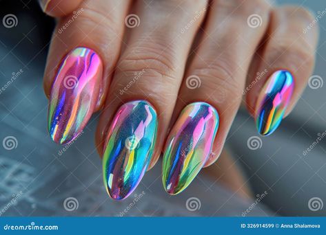 Close-up of hand with holographic nail art featuring multi-colored reflective patterns. Fashion, beauty, nail art trends, manicure, holographic nail design concept. AI generated Holographic Nail Designs, Holographic Nail Art, Acrylic Decoration, Negative Space Nails, Space Nails, Nail Art Trends, Patterns Fashion, Hand Type, Gel Lacquer