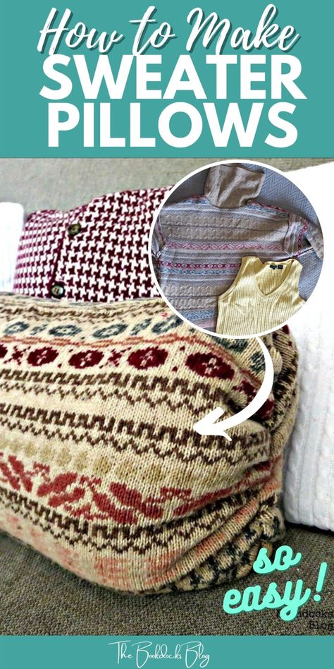 Turn those dates, stretched or damaged sweaters into something new and useful! Learn how to make easy DIY sweater pillows with this simple ste-by-step tutorial. These throw pillows are great for freshening up your seasonal decor. Use pillows with buttons or without and even sweater vests for this fun craft idea! Perfect for teens to make as well. Sweater Pillow Diy, Easy No Sew Pillow Covers, Crafts With Old Jeans, Pillows With Buttons, Sellable Crafts, No Sew Pillow Covers, Reuse Clothes, Diy Throw Pillows, Recycle Crafts Diy